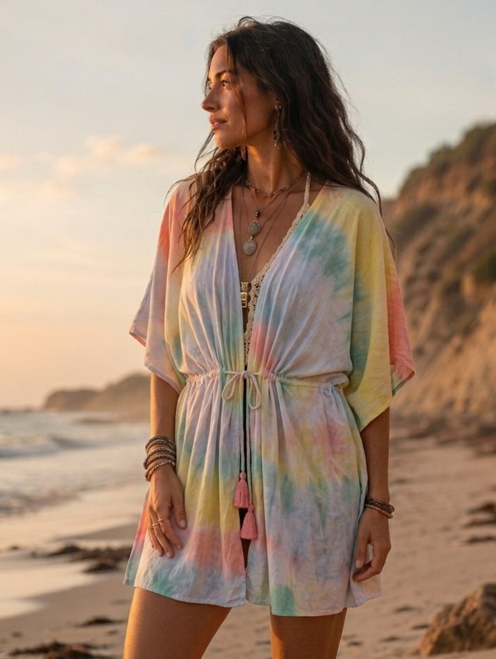 Simply Southern Pastel Tie Dye Beach Cover Up Boho L-XL 100% Cotton